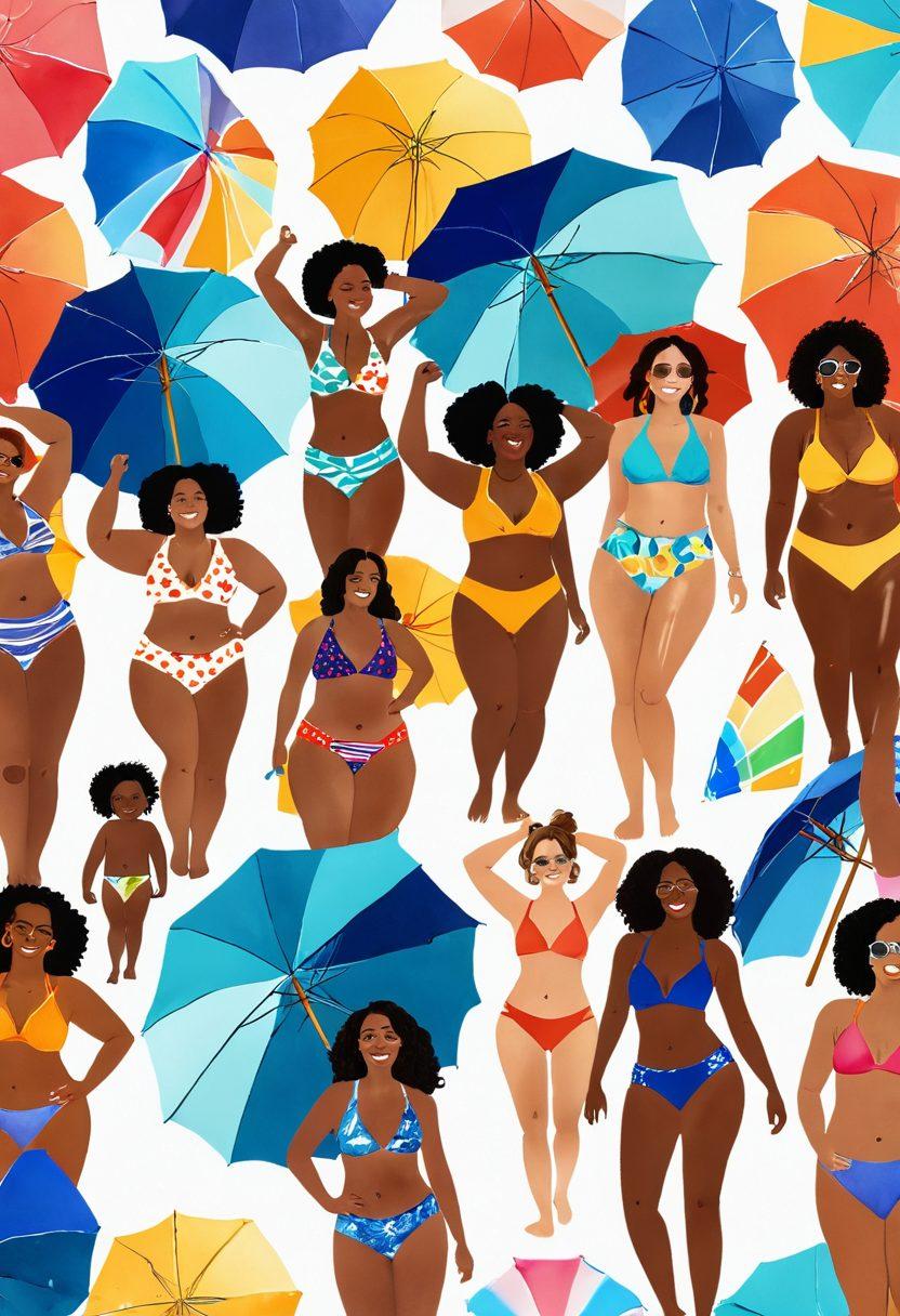 A diverse group of confident individuals of all body types joyfully enjoying a sunny beach scene, showcasing trendy swimwear that celebrates body positivity. Include colorful beach umbrellas, clear blue water, and a vibrant atmosphere filled with laughter and camaraderie. Emphasize a sense of empowerment and inclusivity in the design of the swimwear. watercolor style. vibrant colors. sunny background.