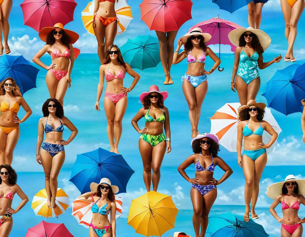 A vibrant beach scene showcasing diverse women confidently wearing stylish swimsuits that complement various body shapes. Include sun umbrellas, a sparkling ocean, and beach towels to create a lively summer atmosphere. Emphasize bright colors and joyful expressions, with a variety of swimsuit styles from bikinis to one-pieces. Include accessories like hats and sunglasses for added flair. super-realistic. vibrant colors. beach setting.